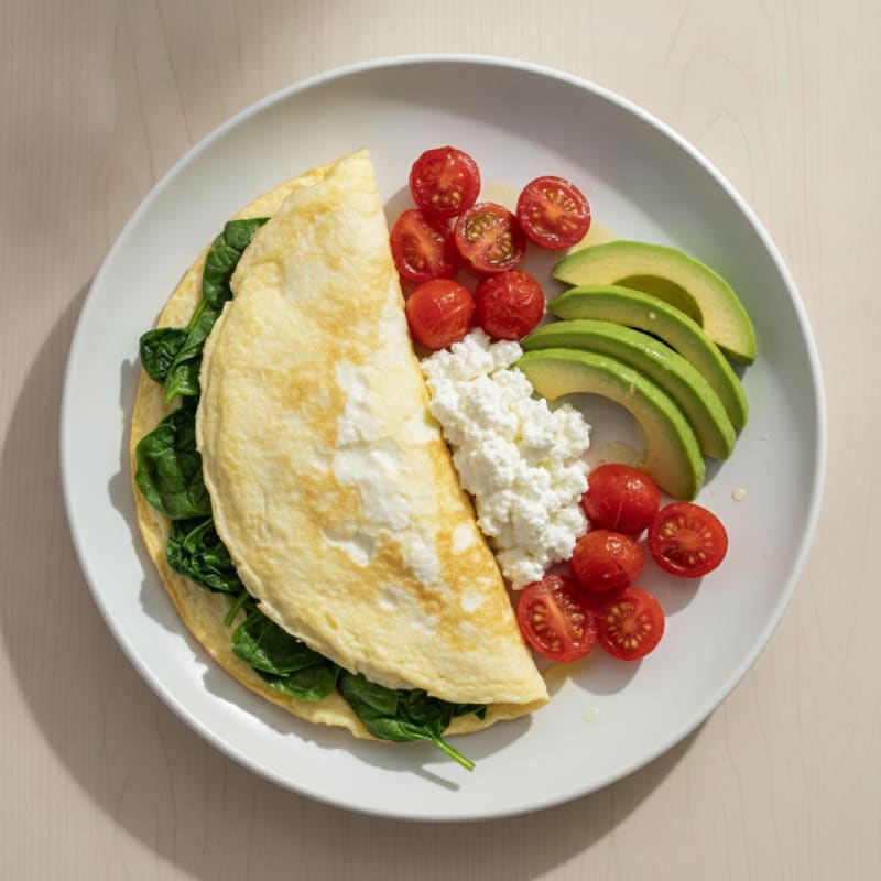 Egg White Spinach Omelette with Cottage Cheese and Cherry Tomatoes
