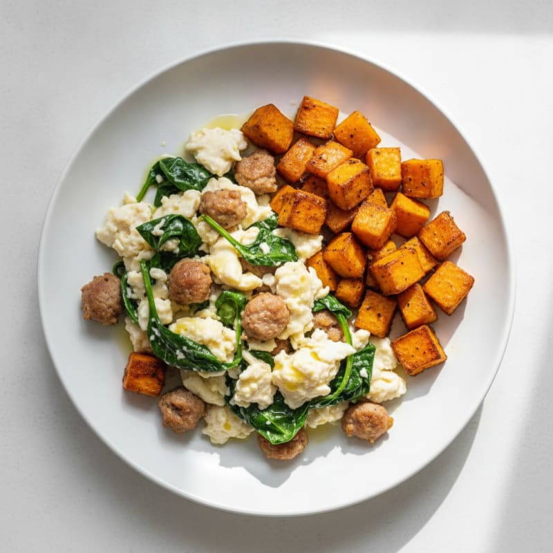 Egg White and Turkey Sausage Scramble with Roasted Sweet Potatoes