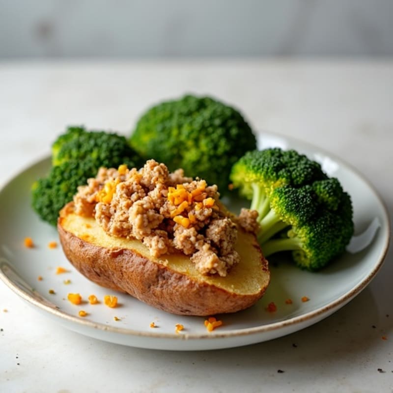 Crispy Baked Potato with Lean Ground Turkey and Roasted Broccoli