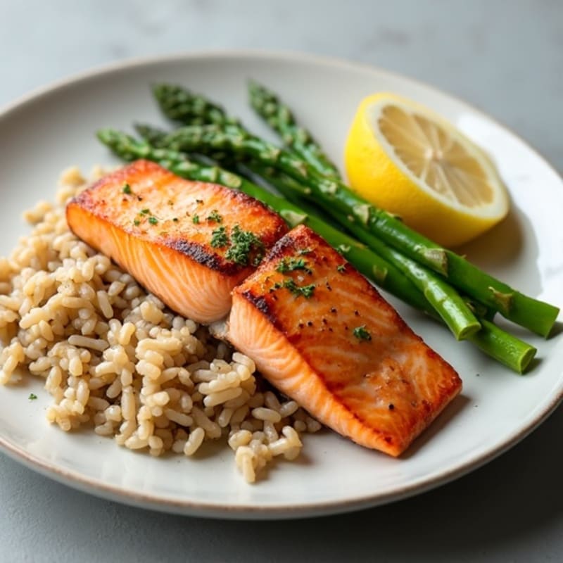Seared Salmon with Steamed Asparagus and Brown Rice