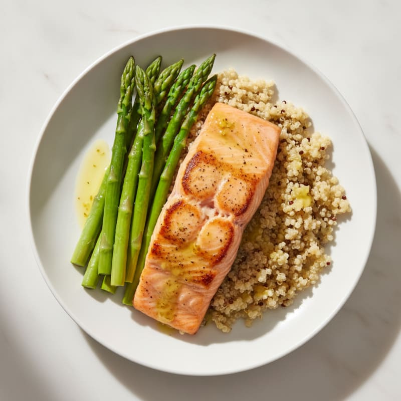 Seared Salmon Filet with Steamed Asparagus and Quinoa