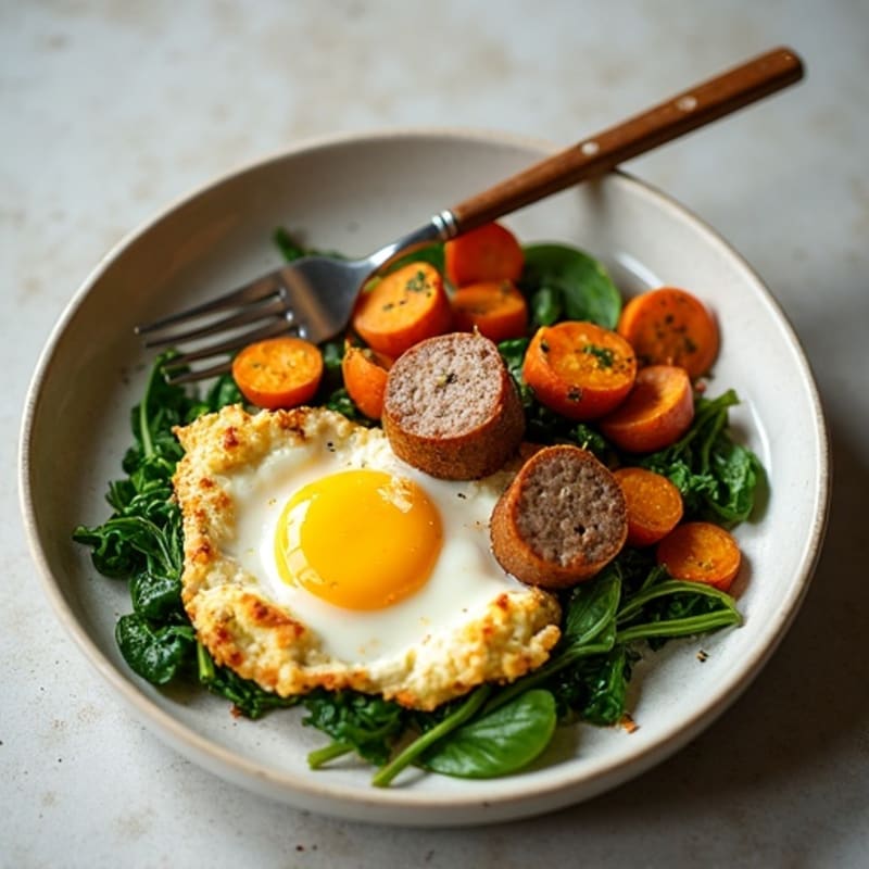 Egg White Spinach Scramble with Turkey Sausage and Roasted Sweet Potatoes