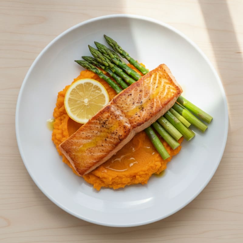 Seared Salmon Fillet with Steamed Asparagus and Sweet Potato Mash