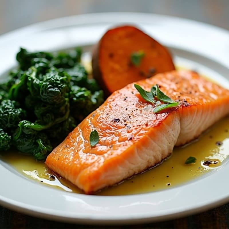 Seared Salmon Fillet with Garlic Sautéed Spinach and Roasted Sweet Potato
