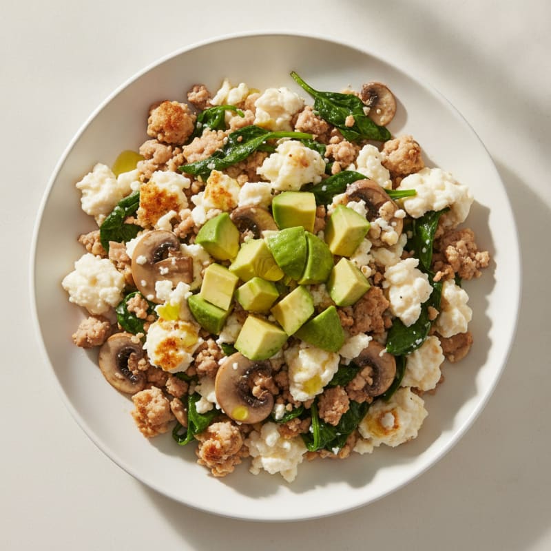 Egg White and Turkey Spinach Scramble with Sautéed Mushrooms