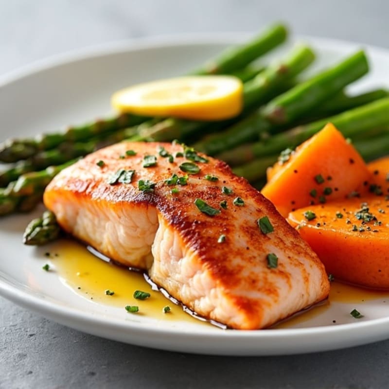 Seared Salmon with Roasted Sweet Potato and Asparagus