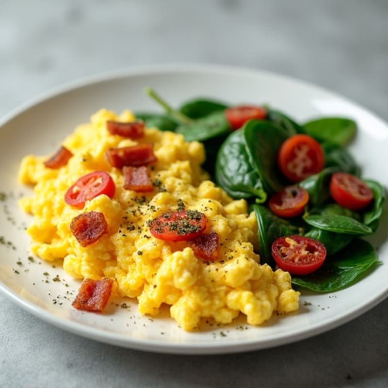 Fluffy Scrambled Eggs with Fresh Spinach and Crispy Turkey Bacon