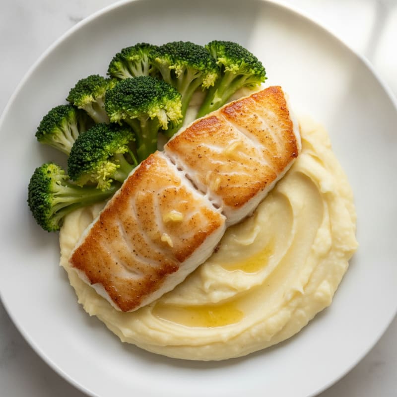 Seared Cod with Creamy Potato Mash and Steamed Broccoli