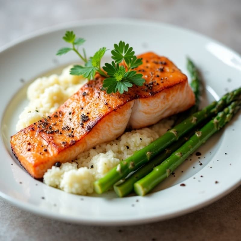 Seared Salmon with Steamed Asparagus and Cauliflower Mash