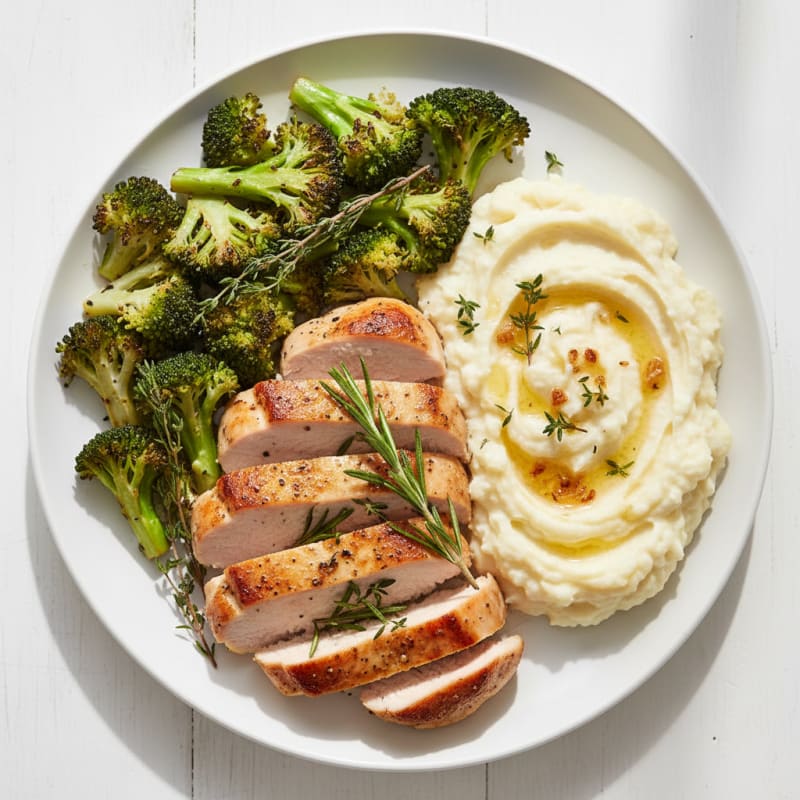 Seared Turkey Breast with Roasted Broccoli and Garlic Mashed Cauliflower