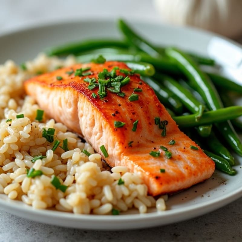 Seared Salmon Fillet with Garlic Green Beans and Brown Rice