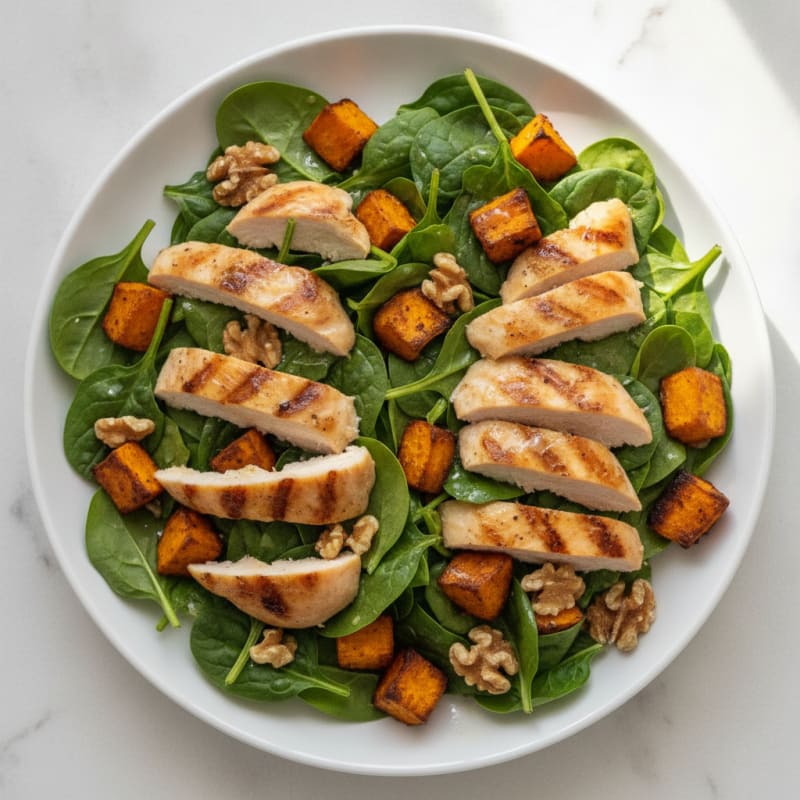Grilled Chicken Spinach Salad with Roasted Sweet Potato