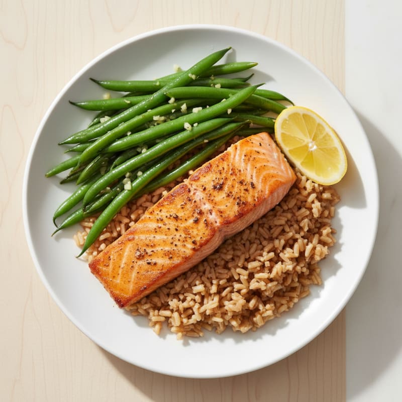Seared Salmon Fillet with Garlic Green Beans and Brown Rice