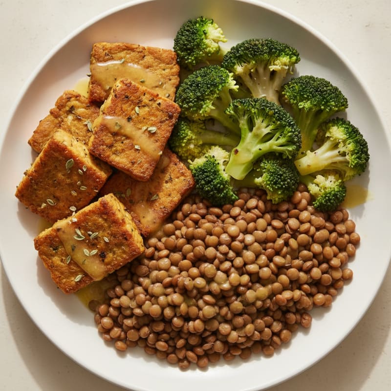 Herb-Roasted Tempeh with Steamed Broccoli and Lentils