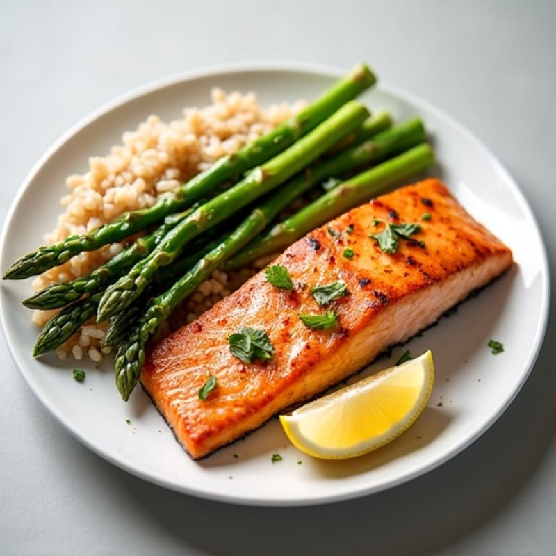 Seared Salmon with Steamed Asparagus and Brown Rice