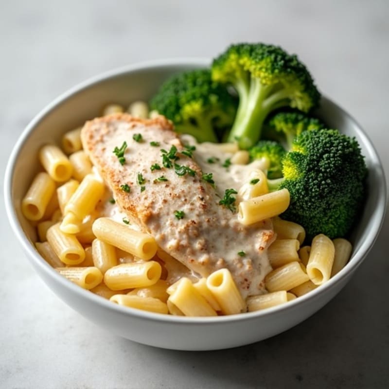 Creamy Garlic Chicken Pasta with Roasted Broccoli