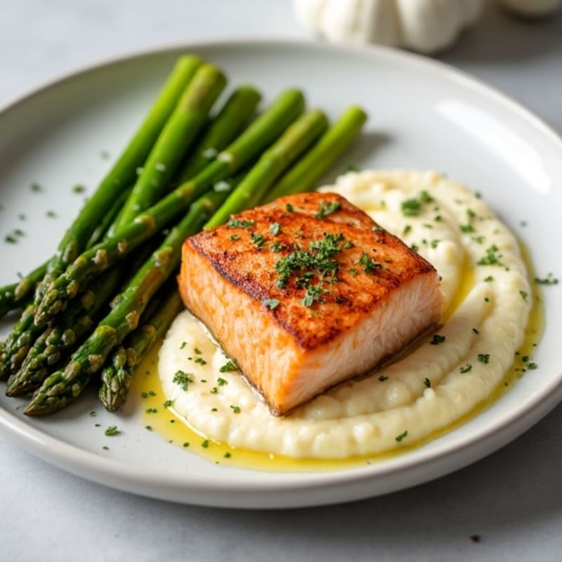 Seared Salmon with Steamed Asparagus and Garlic Cauliflower Mash