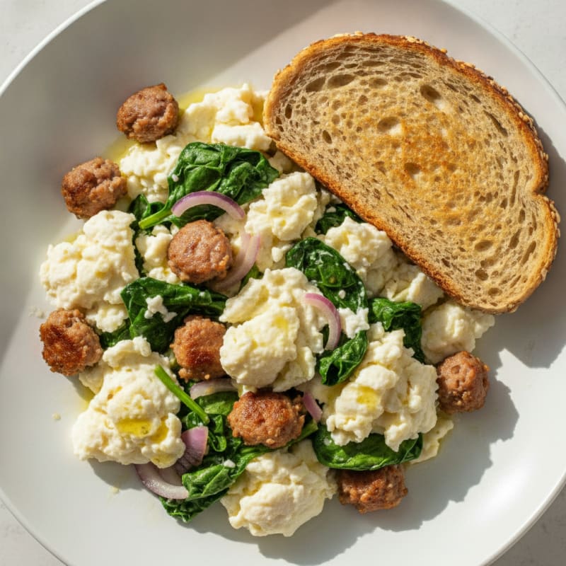 Egg White Scramble with Turkey Sausage and Spinach