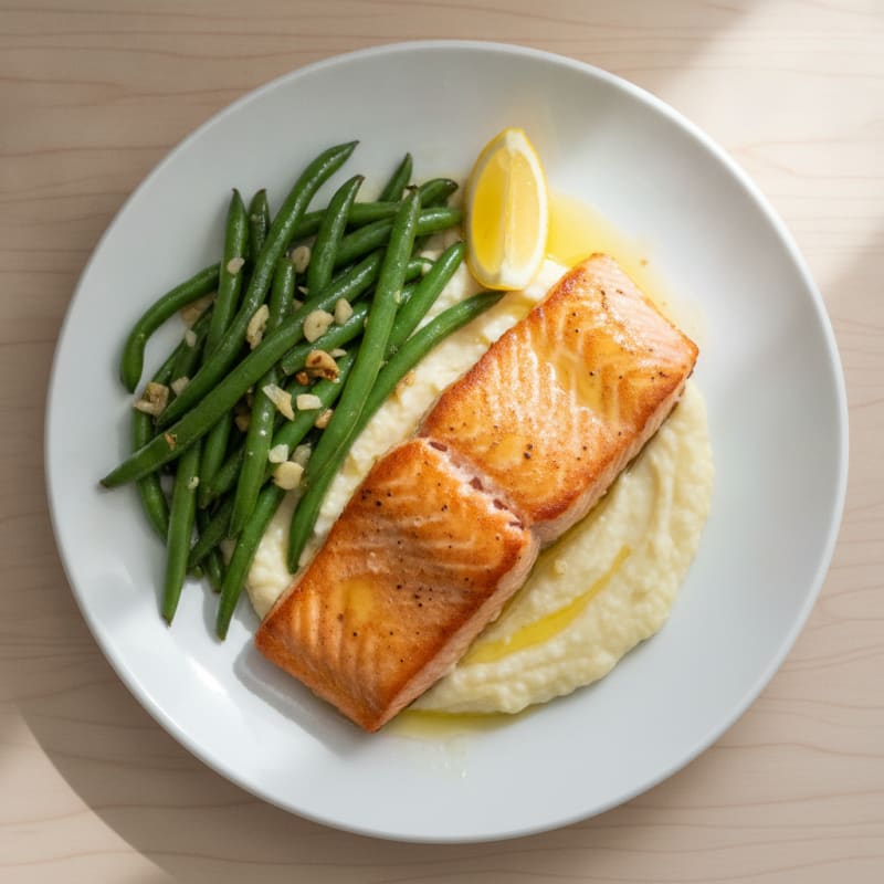 Seared Salmon with Garlic Green Beans and Mashed Cauliflower