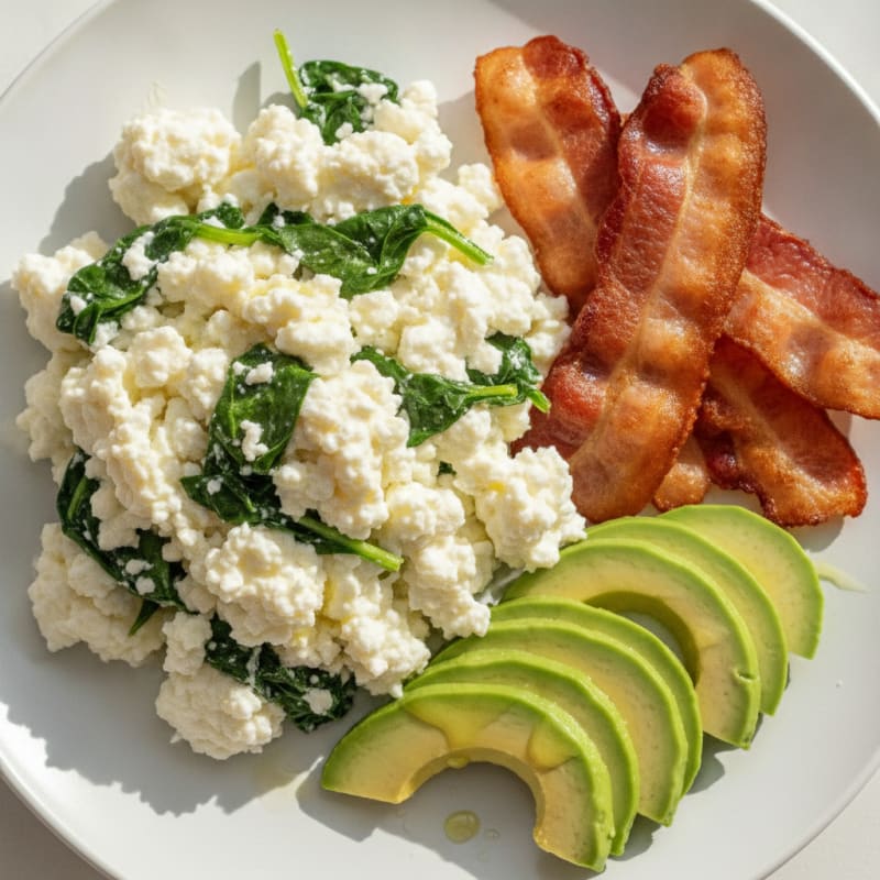 Cottage Cheese and Egg White Scramble with Spinach and Turkey Bacon