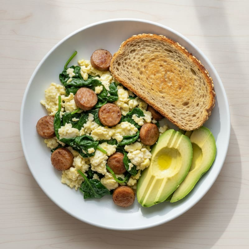 Egg White and Spinach Scramble with Turkey Sausage