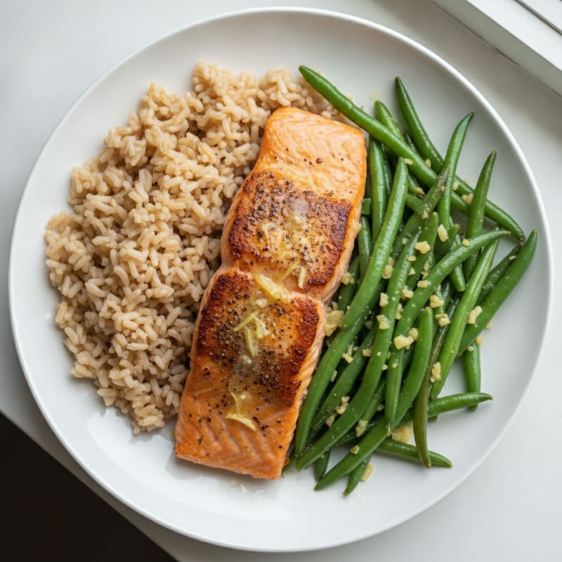 Seared Salmon Fillet with Garlic Green Beans and Brown Rice