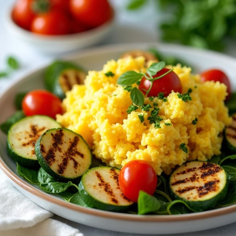 Fluffy Scrambled Eggs with Fresh Herbs and Roasted Vegetables
