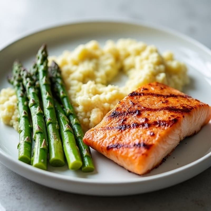 Seared Salmon Filet with Steamed Asparagus and Garlic Cauliflower Mash