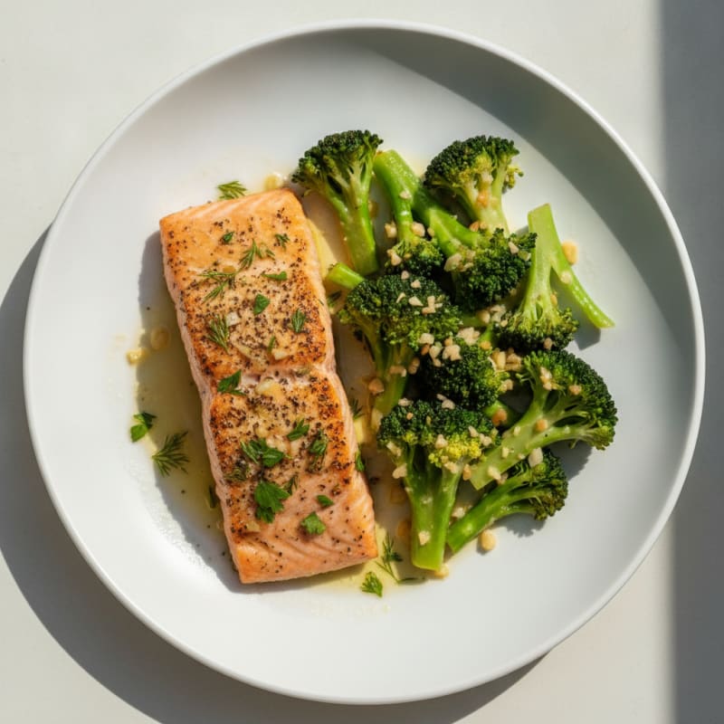 Herb-Seared Salmon with Garlic Sautéed Broccoli