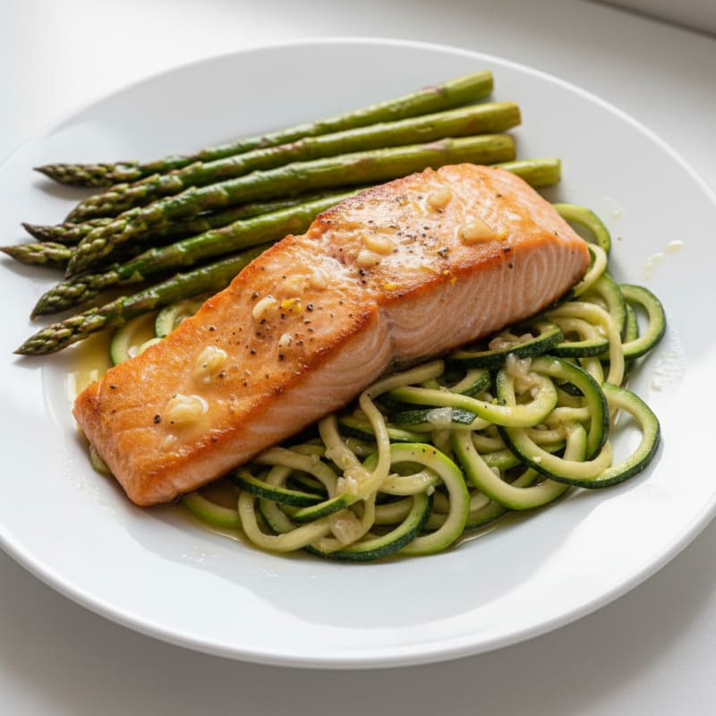 Seared Salmon Fillet with Lemon-Garlic Asparagus and Zucchini Noodles