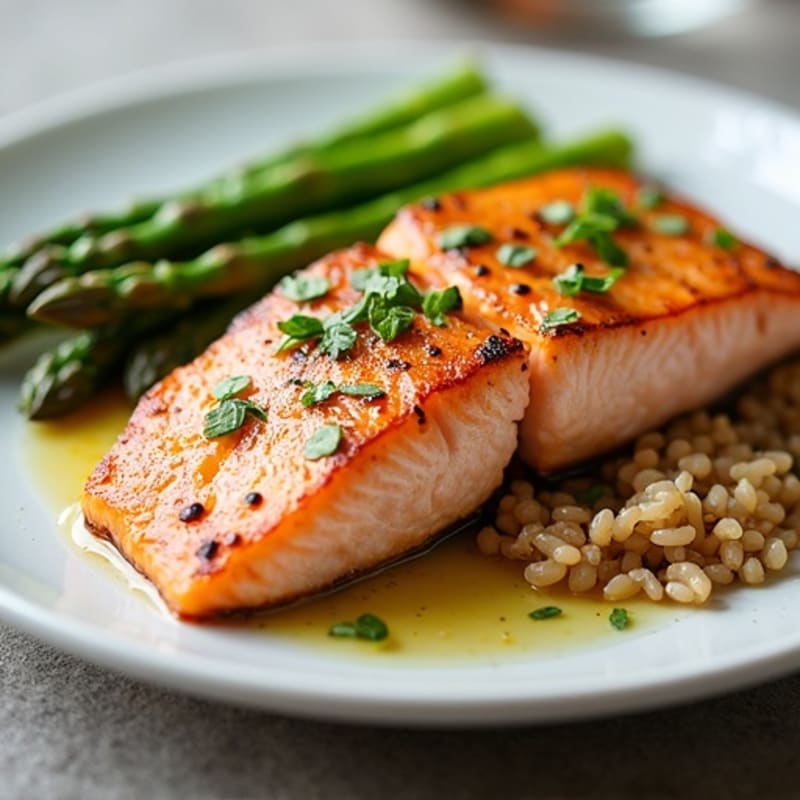 Seared Salmon Fillet with Steamed Asparagus and Brown Rice