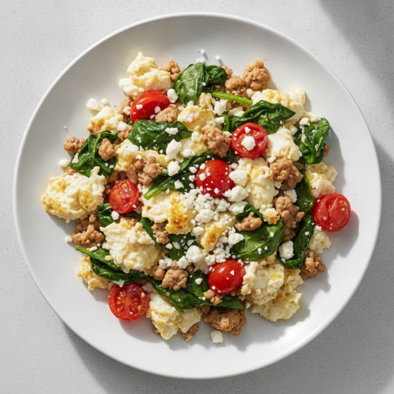 Egg White and Turkey Spinach Scramble with Cherry Tomatoes
