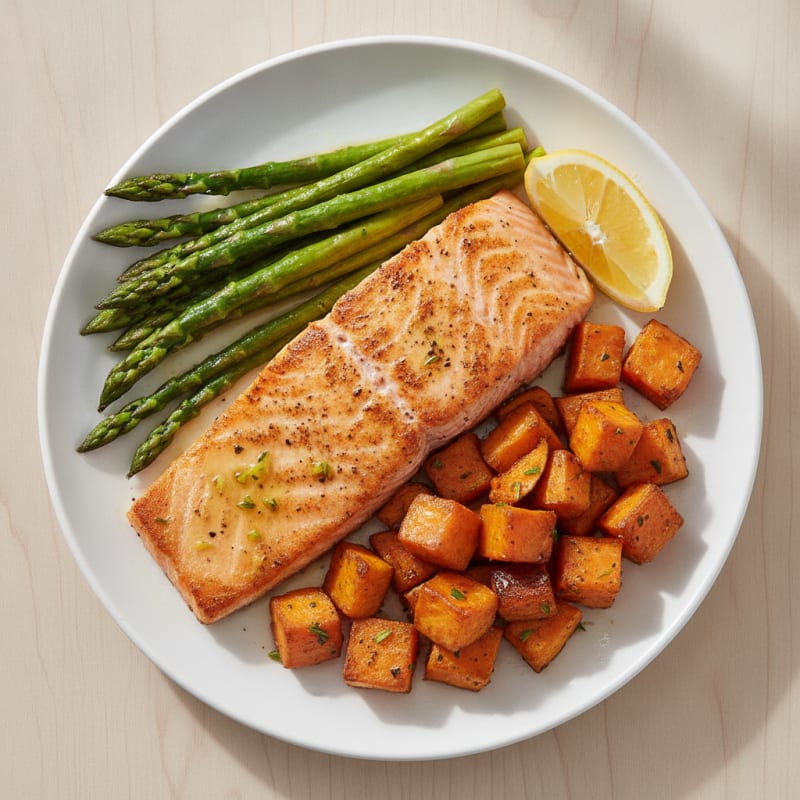 Seared Salmon Fillet with Roasted Sweet Potato and Asparagus