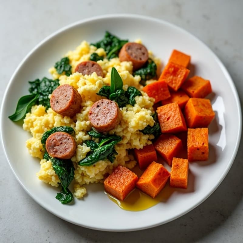 Egg White and Turkey Sausage Scramble with Spinach and Roasted Sweet Potato