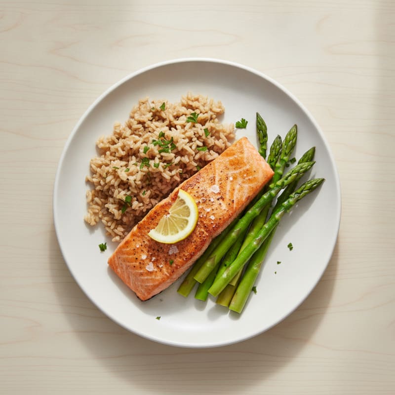Seared Salmon with Steamed Asparagus and Brown Rice