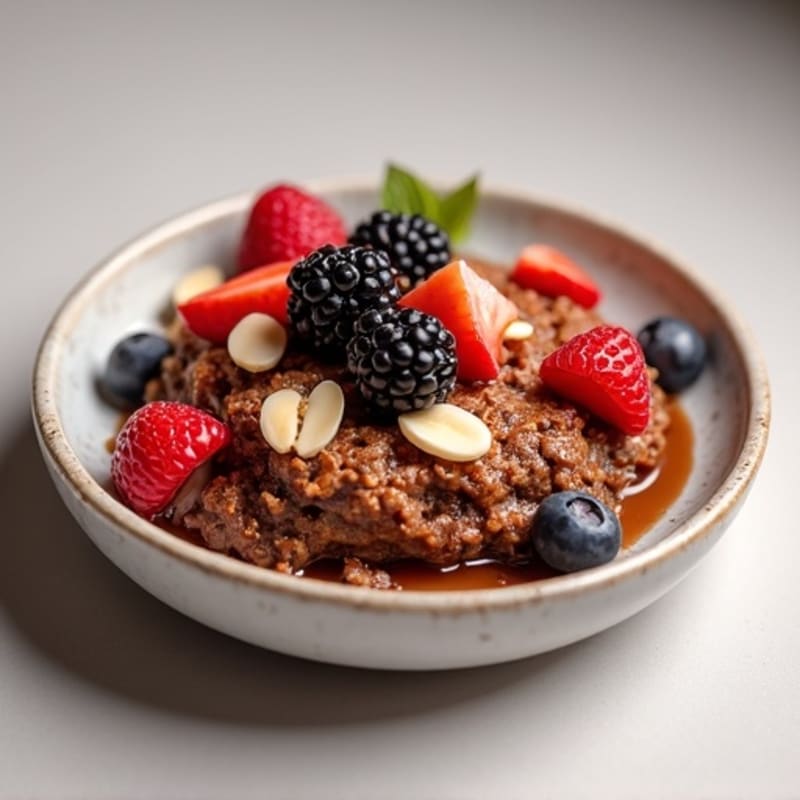 Rich Chocolate Protein Baked Oatmeal with Fresh Berries and Crunchy Almonds