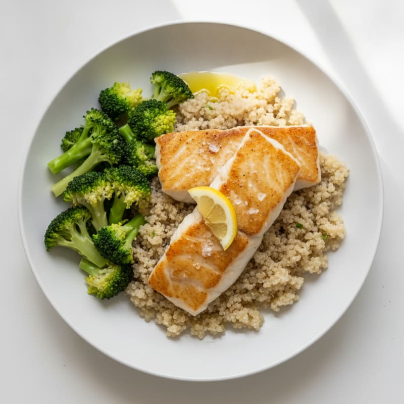 Pan-Seared Cod with Steamed Broccoli and Quinoa