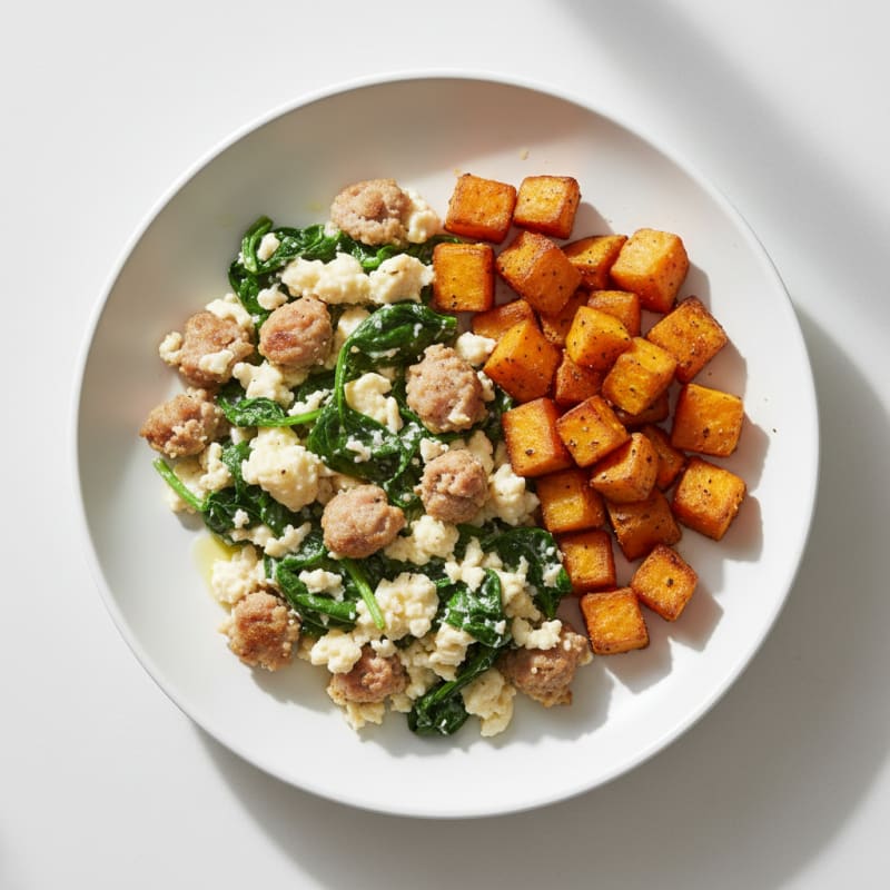 Egg White and Turkey Sausage Scramble with Spinach and Roasted Sweet Potato