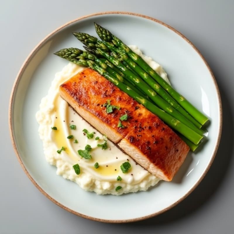Seared Salmon with Steamed Asparagus and Cauliflower Mash