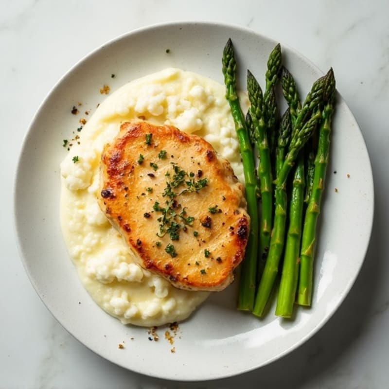 Creamy Garlic Chicken with Cauliflower Puree and Roasted Asparagus