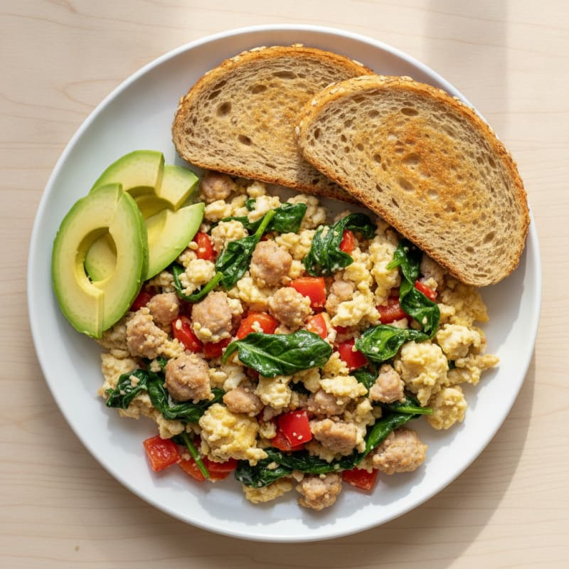 Egg White and Turkey Sausage Scramble with Spinach and Bell Peppers