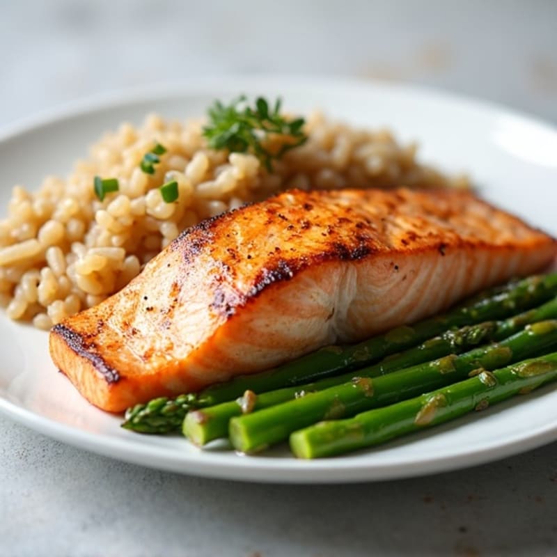 Seared Salmon Fillet with Steamed Asparagus and Brown Rice