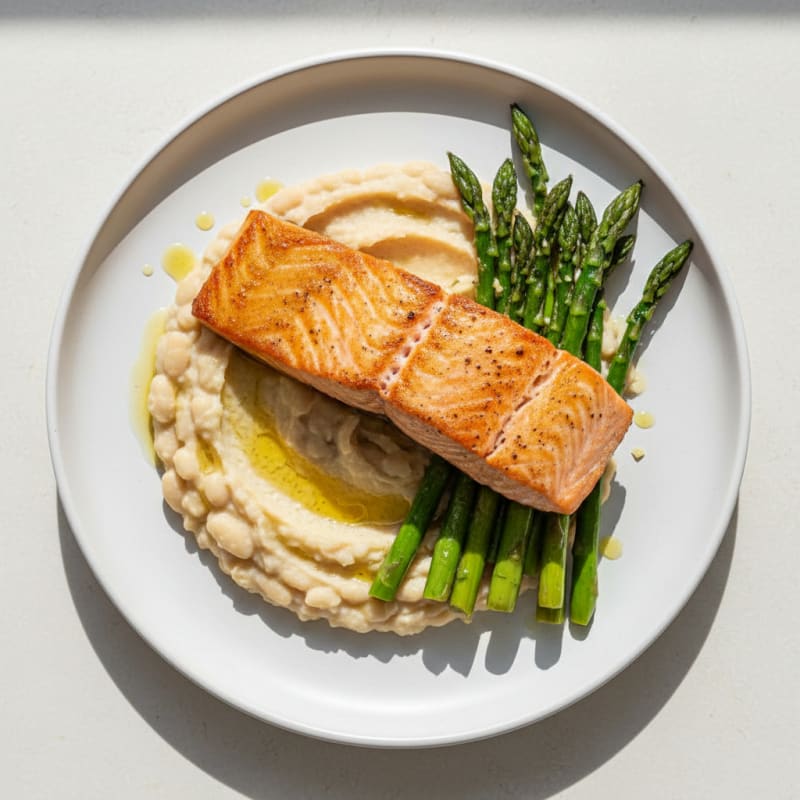 Seared Salmon with Creamy White Bean Mash and Sautéed Asparagus