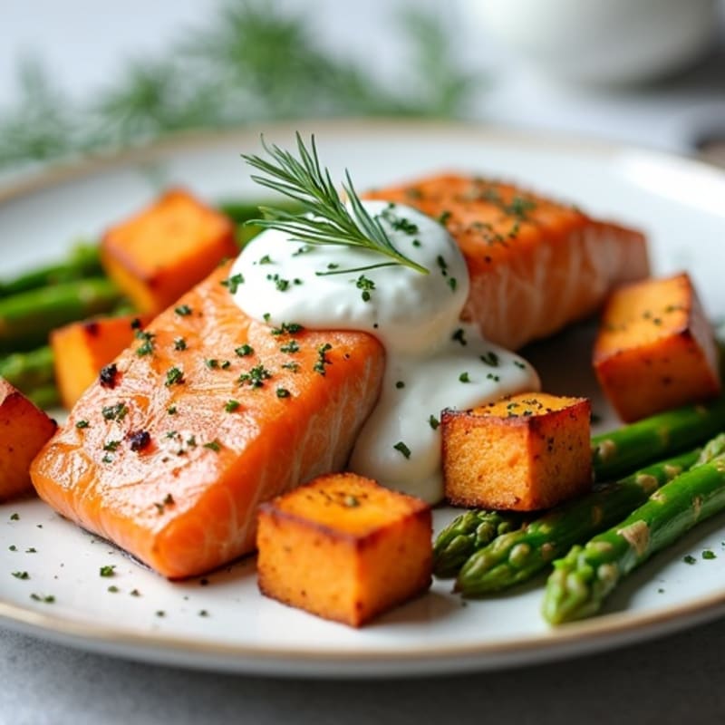 Seared Salmon Fillet with Roasted Sweet Potato and Asparagus
