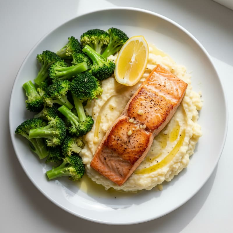 Seared Salmon Fillet with Steamed Broccoli and Garlic Mashed Cauliflower