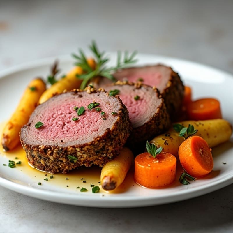 Herb-Crusted Beef Tenderloin with Roasted Root Vegetables