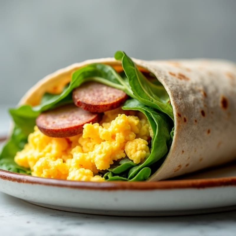 Hearty Scrambled Egg and Lean Turkey Sausage Whole Wheat Burrito with Fresh Spinach and Creamy Avocado