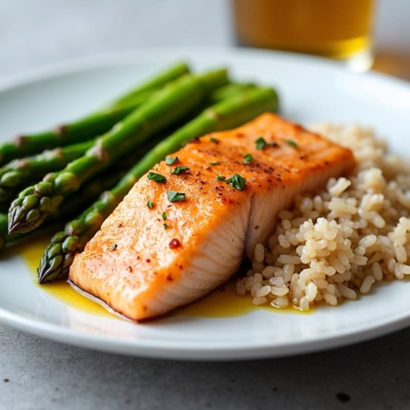 Seared Salmon with Steamed Asparagus and Brown Rice
