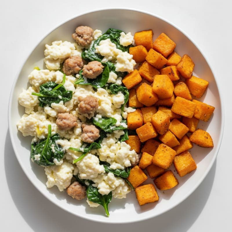 Egg White and Turkey Sausage Scramble with Spinach and Roasted Sweet Potato
