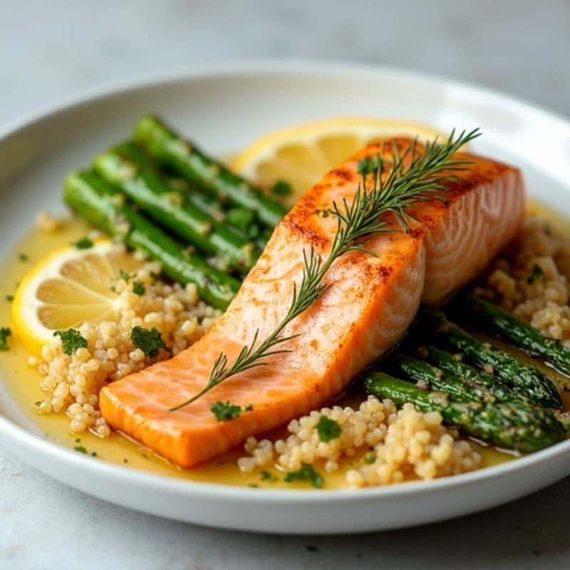 Lemon Herb Roasted Salmon with Roasted Asparagus and Fluffy Quinoa